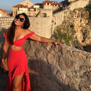 Helen Owen x Aqua cropped top and asymmetrical skirt set